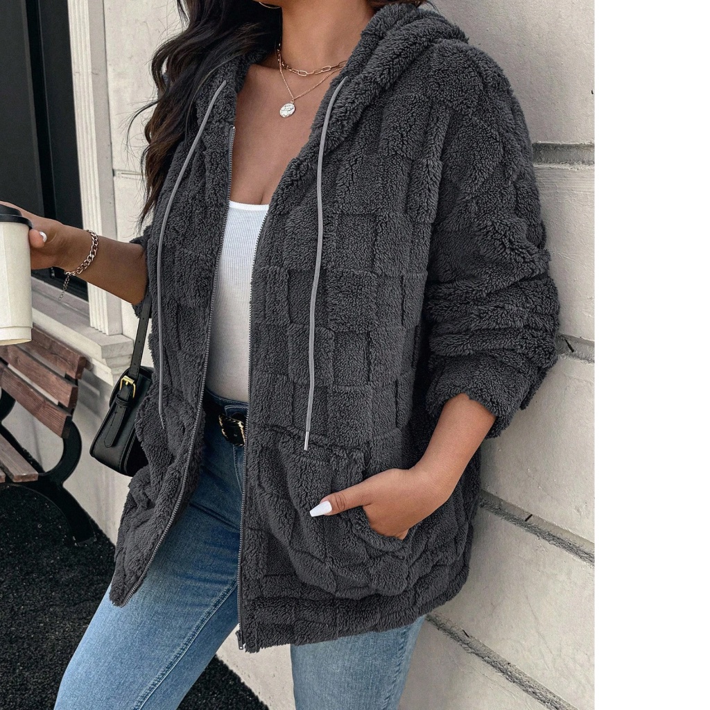 Plus Solid Charcoal Checkered Zip Up Drawstring Hoodie Jacket